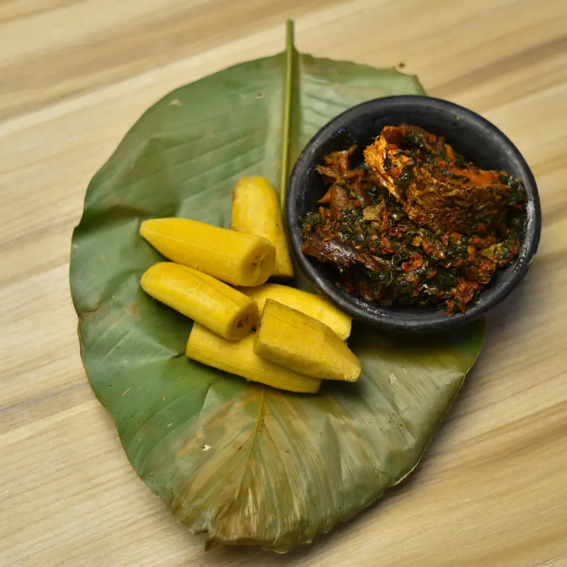 Boiled Plantain with Ugwu Sauce